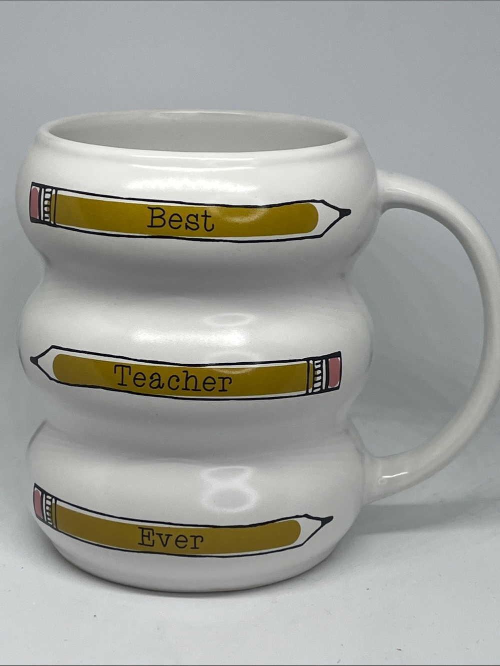White "Best Teacher Ever" Ceramic Mug with Yellow Pencil Design